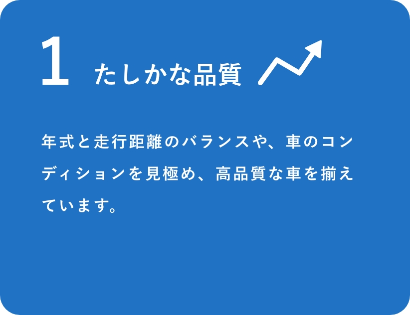 たしかな品質　年式と走行距離のバランスや、車のコンデションを見極め、高品質な車を揃えています。